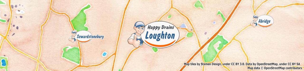 Service area map showing Happy Drains coverage across Loughton (IG10)
