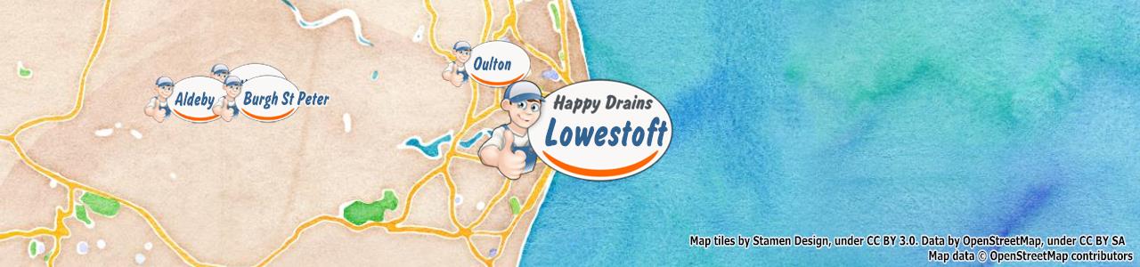 Service area map showing Happy Drains coverage across Lowestoft (NR32)