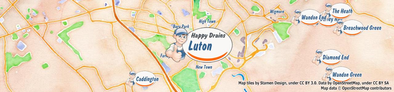 Service area map showing Happy Drains coverage across Luton, Dunstable (LU1, LU5)