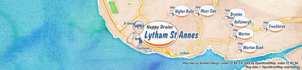 Service area map showing Happy Drains coverage across Lytham St Annes (FY8)