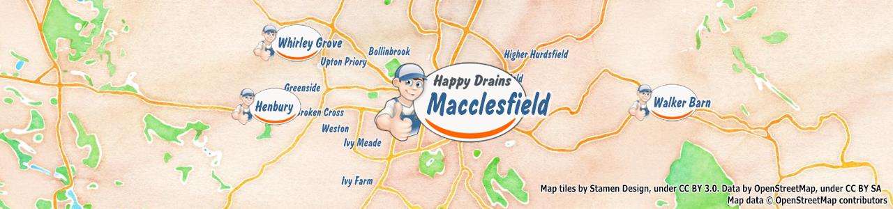 Service area map showing Happy Drains coverage across Macclesfield, Alderley Edge, Wilmslow (SK10, SK9)