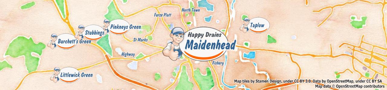 Service area map showing Happy Drains coverage across Maidenhead (SL6)