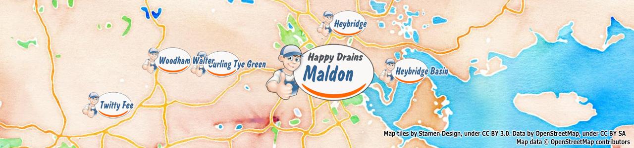Service area map showing Happy Drains coverage across Maldon, Burnham On Crouch, Southminster (CM0, CM9)