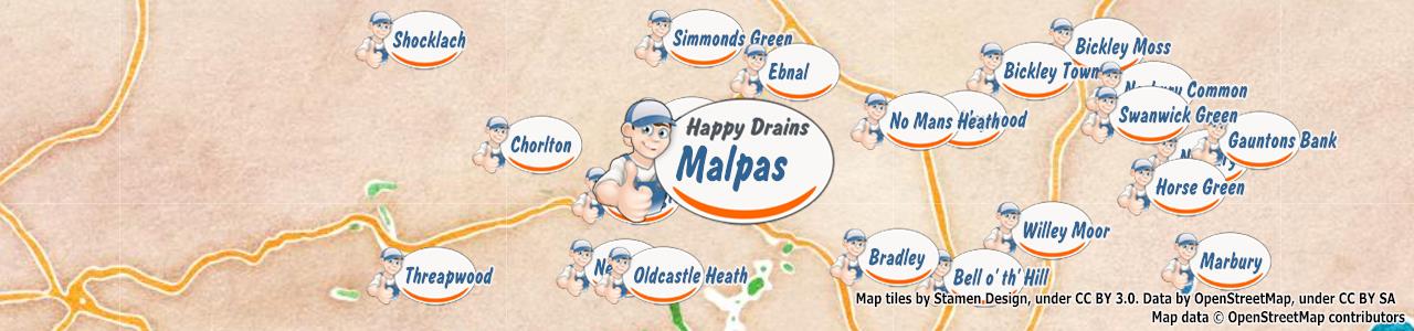 Service area map showing Happy Drains coverage across Malpas (SY14)