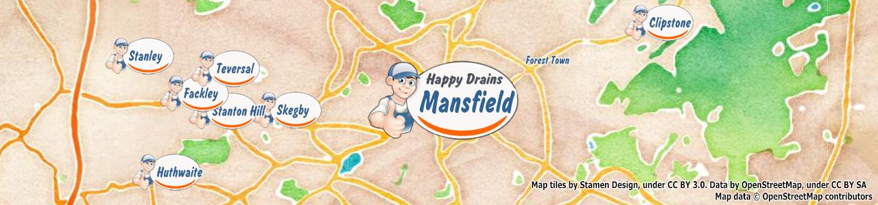 Service area map showing Happy Drains coverage across Mansfield, Newark, Southwell (NG18, NG22, NG25)