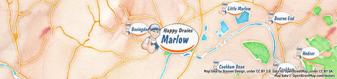 Service area map showing Happy Drains coverage across Marlow, Bourne End (SL7, SL8)