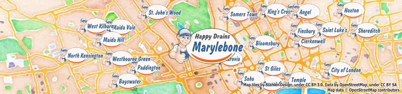 Service area map showing Happy Drains coverage across Marylebone (W1H)