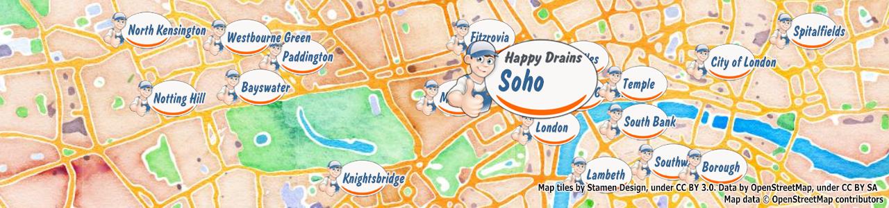 Service area map showing Happy Drains coverage across Grosvenor Square (W1K)