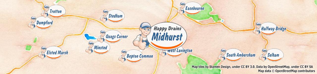 Service area map showing Happy Drains coverage across Midhurst, Petworth (GU28, GU29)