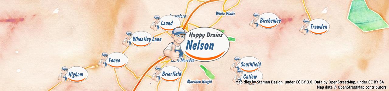 Service area map showing Happy Drains coverage across Nelson, Barnoldswick, Burnley, Clitheroe, Colne (BB10, BB18, BB7, BB8, BB9)