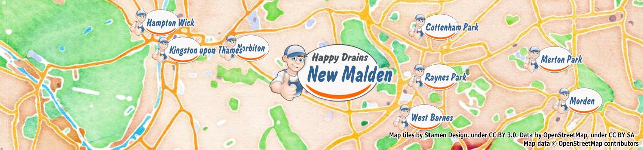 Service area map showing Happy Drains coverage across New Malden (KT3)