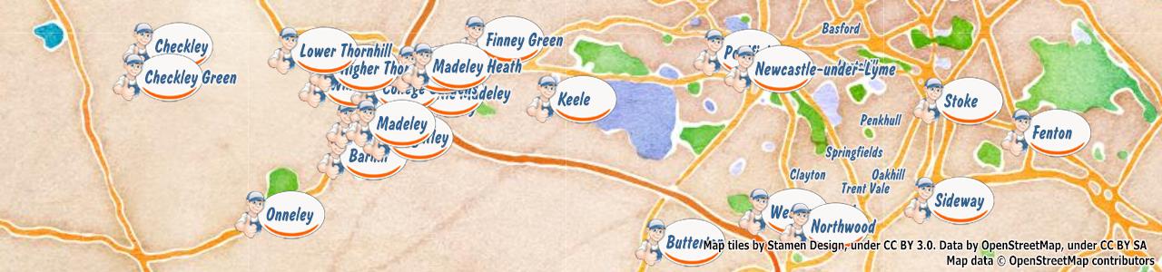 Service area map showing Happy Drains coverage across Newcastle (ST5)