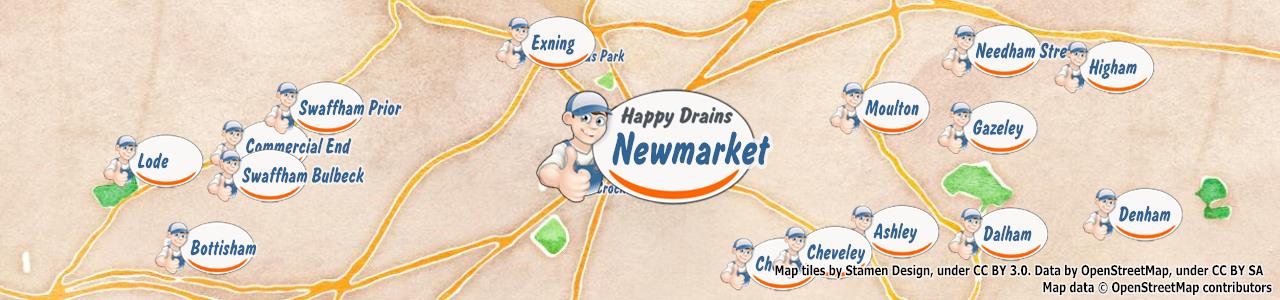 Service area map showing Happy Drains coverage across Newmarket (CB8)