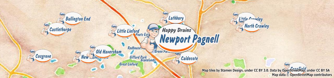 Service area map showing Happy Drains coverage across Newport Pagnell, Milton Keynes, Olney (MK1, MK16, MK46)