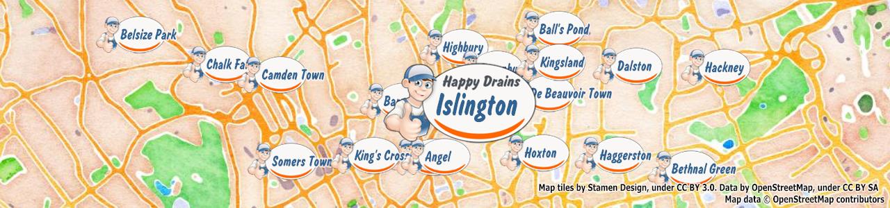 Service area map showing Happy Drains coverage across North London (N1)