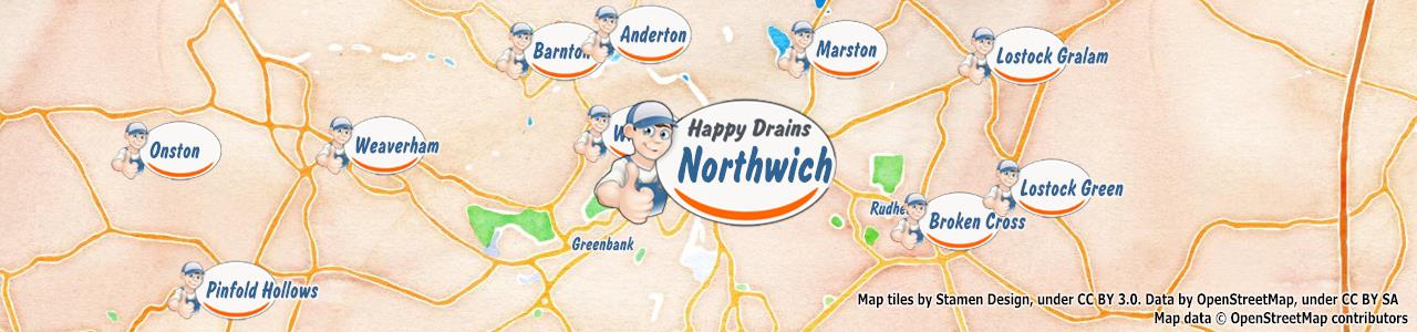 Service area map showing Happy Drains coverage across Northwich, Tarporley, Winsford (CW6, CW7, CW8)