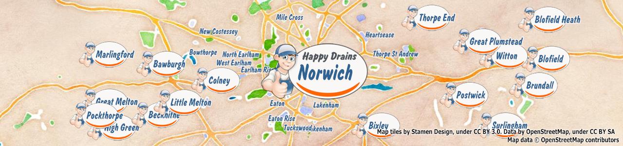 Service area map showing Happy Drains coverage across Norwich (NR1)