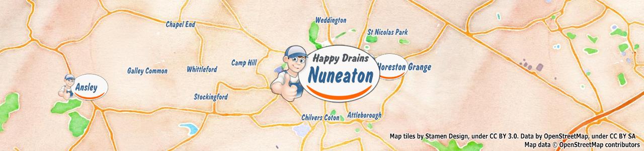Service area map showing Happy Drains coverage across Nuneaton, Atherstone, Bedworth (CV10, CV12, CV9)