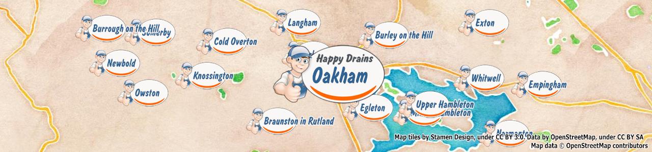 Service area map showing Happy Drains coverage across Oakham (LE15)
