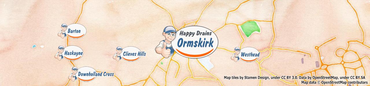 Service area map showing Happy Drains coverage across Ormskirk (L39)
