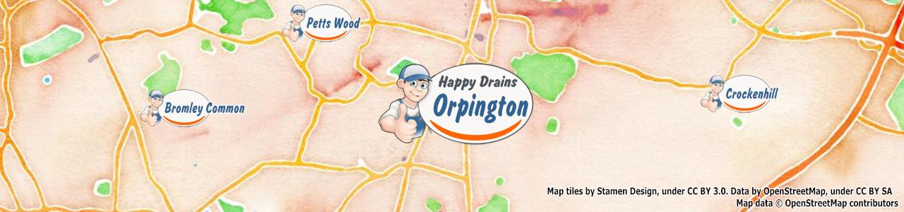 Service area map showing Happy Drains coverage across Orpington (BR5)