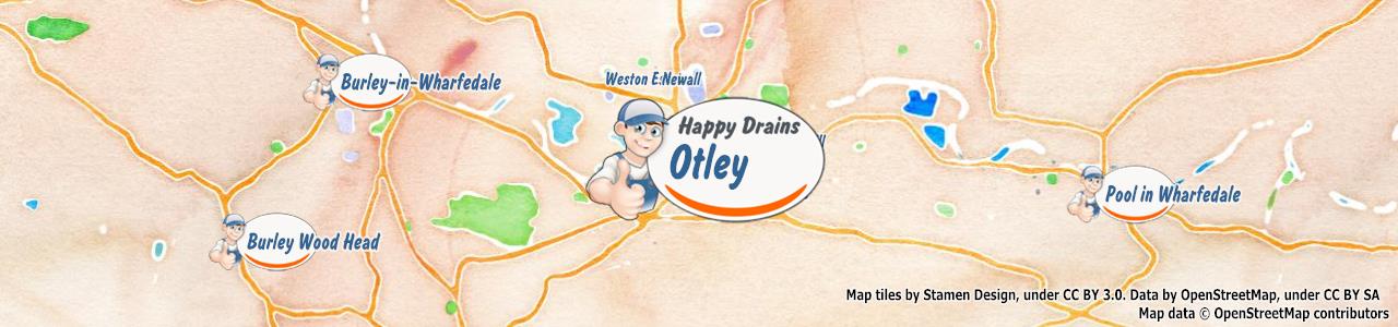Service area map showing Happy Drains coverage across Otley, Ilkley, Wetherby (LS21, LS22, LS29)