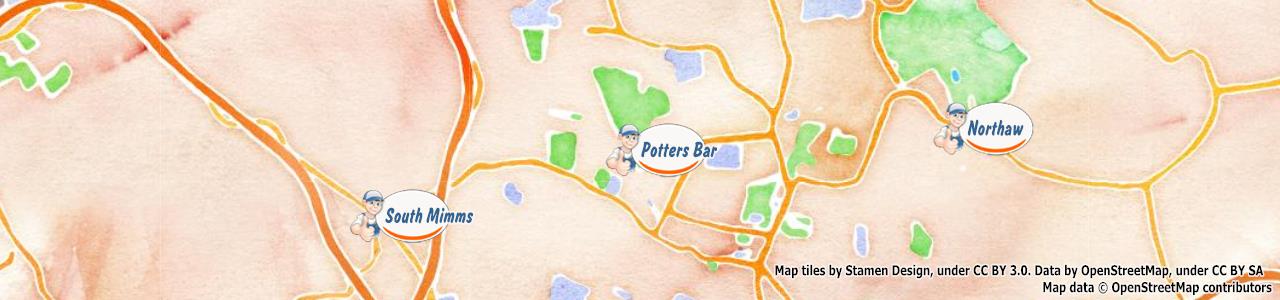 Service area map showing Happy Drains coverage across Potters Bar (EN6)