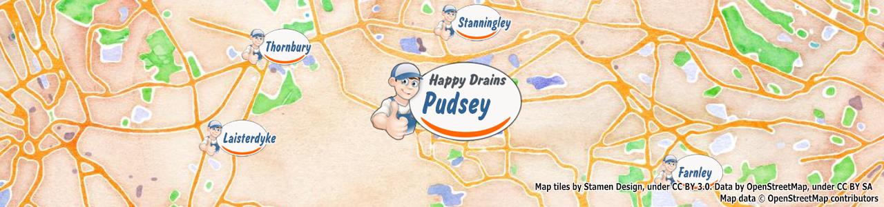 Service area map showing Happy Drains coverage across Pudsey, Leeds (LS1, LS28)
