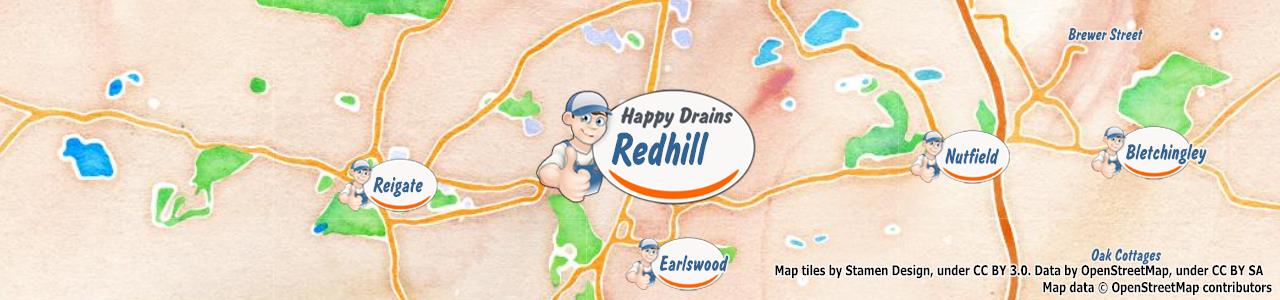 Service area map showing Happy Drains coverage across Redhill, Godstone, Oxted (RH1, RH8, RH9)
