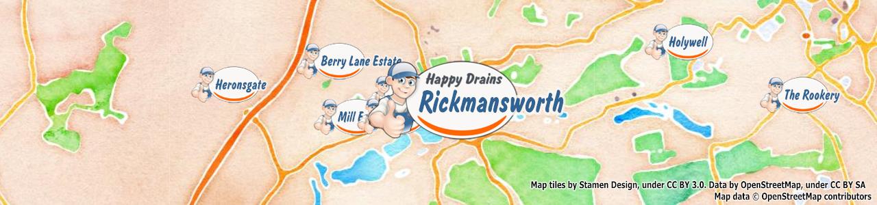 Service area map showing Happy Drains coverage across Rickmansworth (WD3)