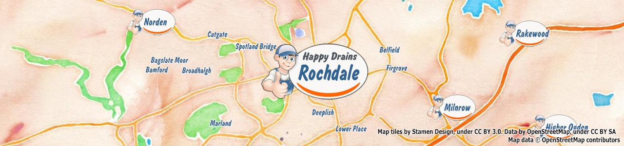Service area map showing Happy Drains coverage across Rochdale, Ashton Under Lyne, Heywood, Littleborough, Oldham (OL1, OL10, OL11, OL15, OL5)