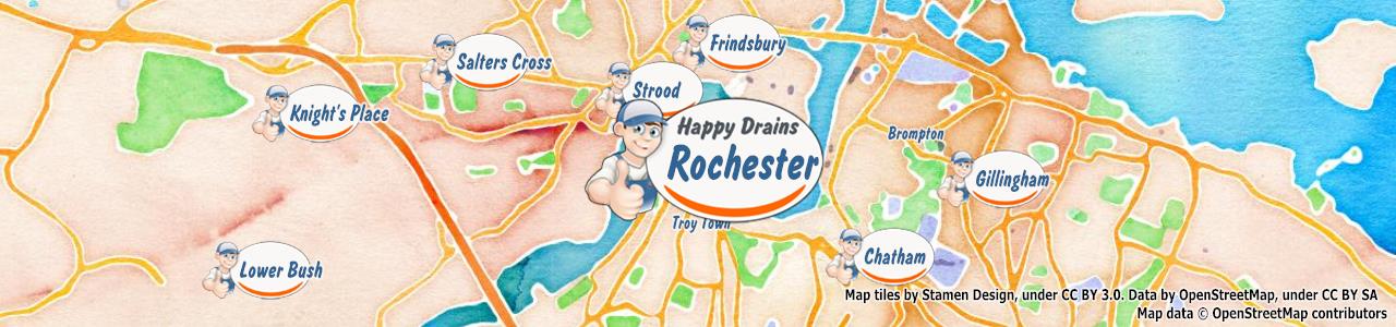 Service area map showing Happy Drains coverage across Rochester, Aylesford, Maidstone, Snodland, West Malling (ME1, ME14, ME6)