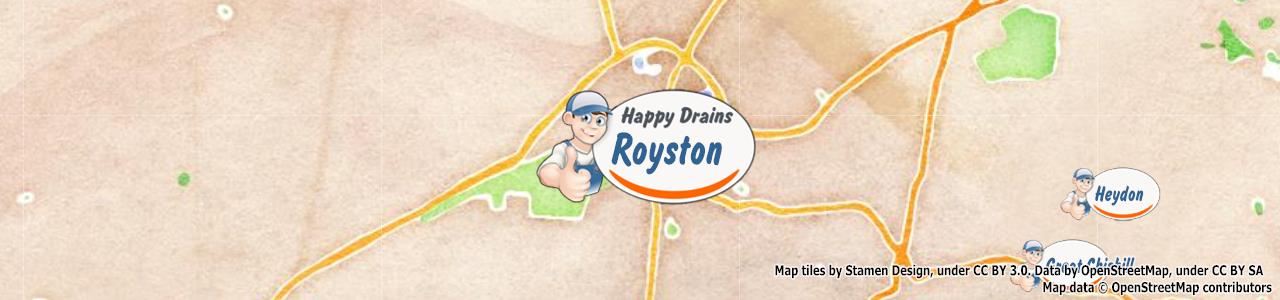 Service area map showing Happy Drains coverage across Royston, Buntingford (SG8, SG9)