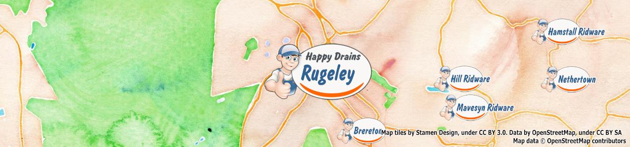 Service area map showing Happy Drains coverage across Rugeley, Lichfield (WS13, WS15)