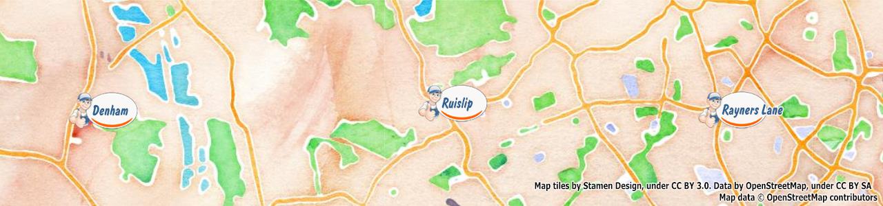 Service area map showing Happy Drains coverage across Ruislip (HA4)