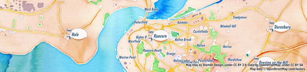 Service area map showing Happy Drains coverage across Runcorn, Frodsham, Knutsford, Lymm, Warrington (WA1, WA13, WA16, WA6, WA7)