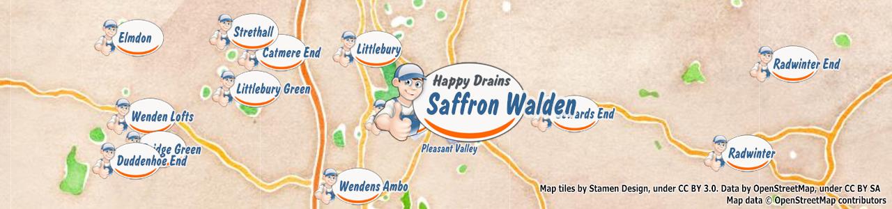 Service area map showing Happy Drains coverage across Saffron Walden (CB10)
