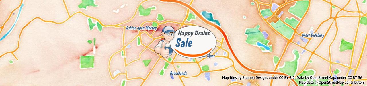 Service area map showing Happy Drains coverage across Sale, Manchester, Salford (M1, M3, M33)
