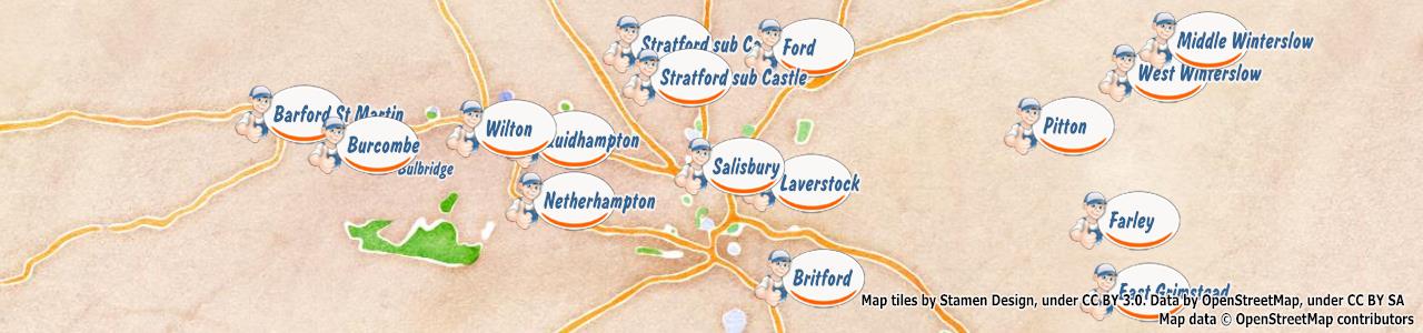 Service area map showing Happy Drains coverage across Salisbury (SP1)