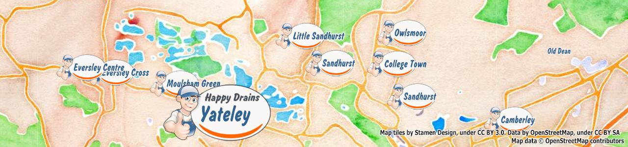 Service area map showing Happy Drains coverage across Sandhurst (GU47)