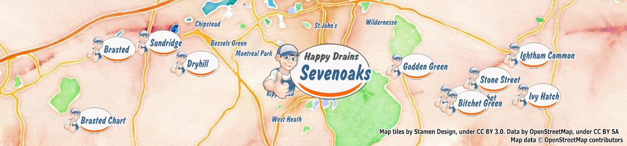 Service area map showing Happy Drains coverage across Sevenoaks, Edenbridge, Westerham (TN13, TN16, TN8)