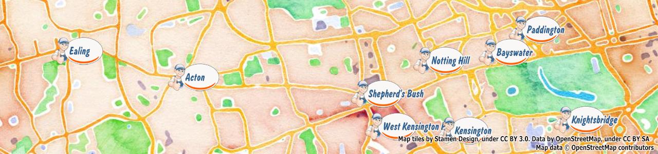Service area map showing Happy Drains coverage across Shepherds Bush (W12)