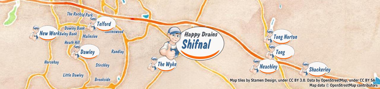 Service area map showing Happy Drains coverage across Shifnal, Broseley (TF11, TF12)