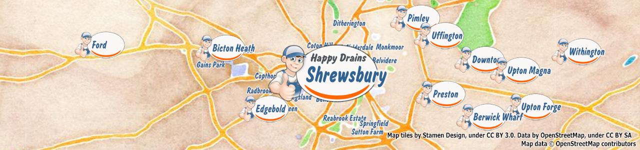 Service area map showing Happy Drains coverage across Shrewsbury, Church Stretton (SY1, SY6)