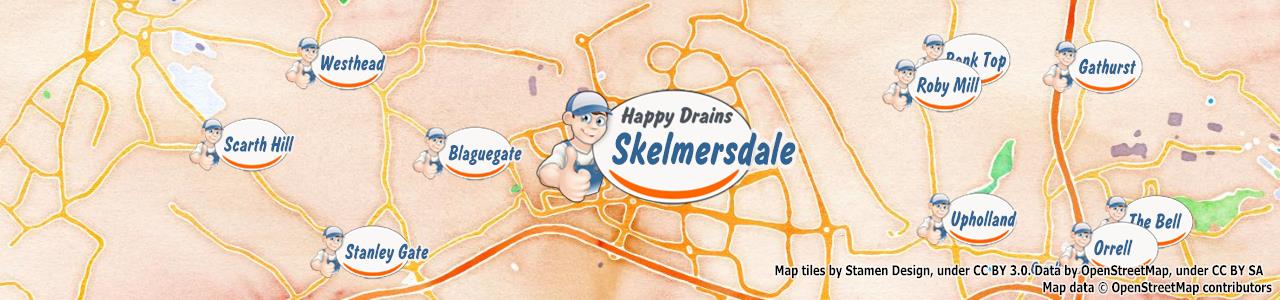 Service area map showing Happy Drains coverage across Skelmersdale (WN8)