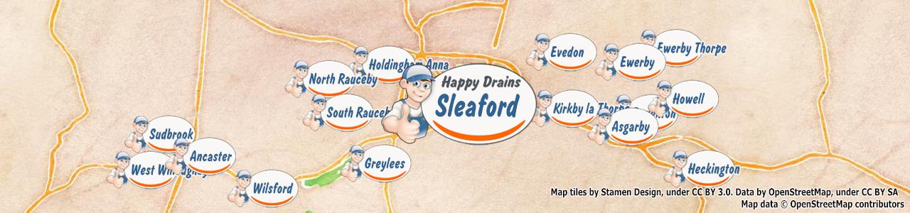 Service area map showing Happy Drains coverage across Sleaford (NG34)