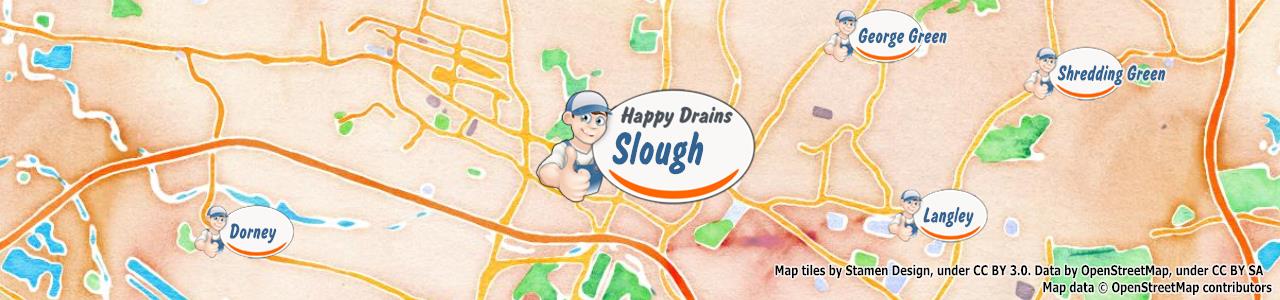 Service area map showing Happy Drains coverage across Slough (SL1)