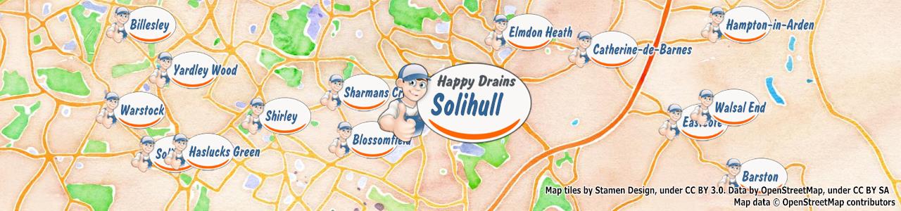 Service area map showing Happy Drains coverage across Solihull (B90)