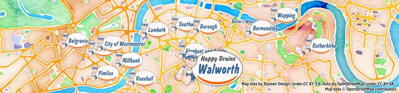 Service area map showing Happy Drains coverage across South East London (SE1)
