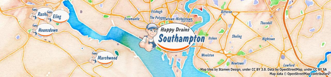 Service area map showing Happy Drains coverage across Southampton (SO14)